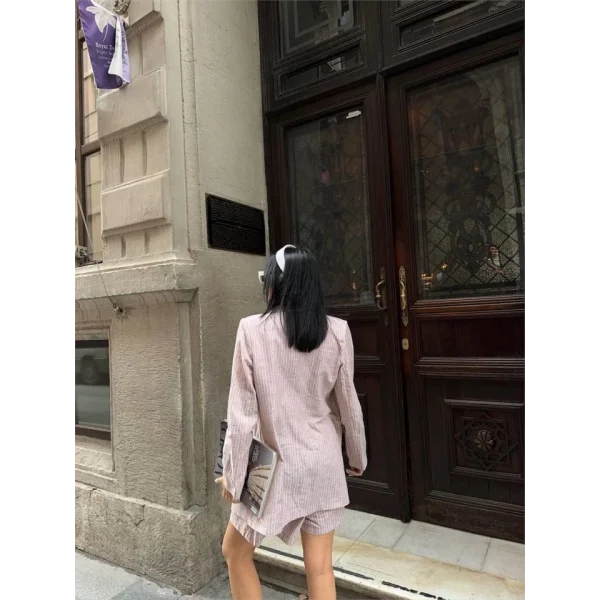 ÇİZGİİ KETEN CEKET YEEK ŞORT TK  Kahverengi