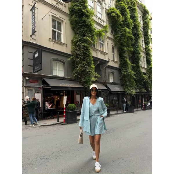 ÇİZGİİ KETEN CEKET YEEK ŞORT TK  Yeşil