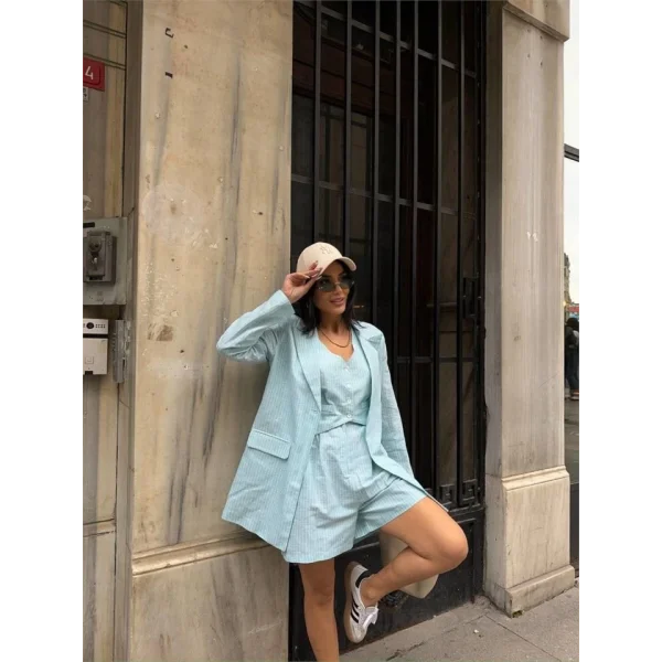 ÇİZGİİ KETEN CEKET YEEK ŞORT TK  Yeşil