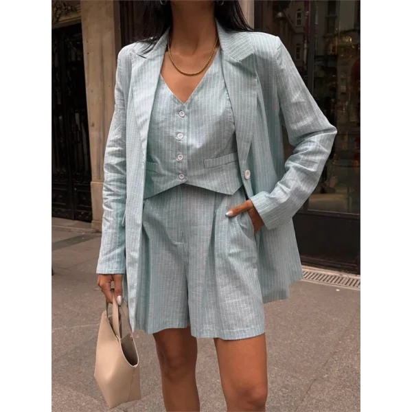 ÇİZGİİ KETEN CEKET YEEK ŞORT TK  Yeşil