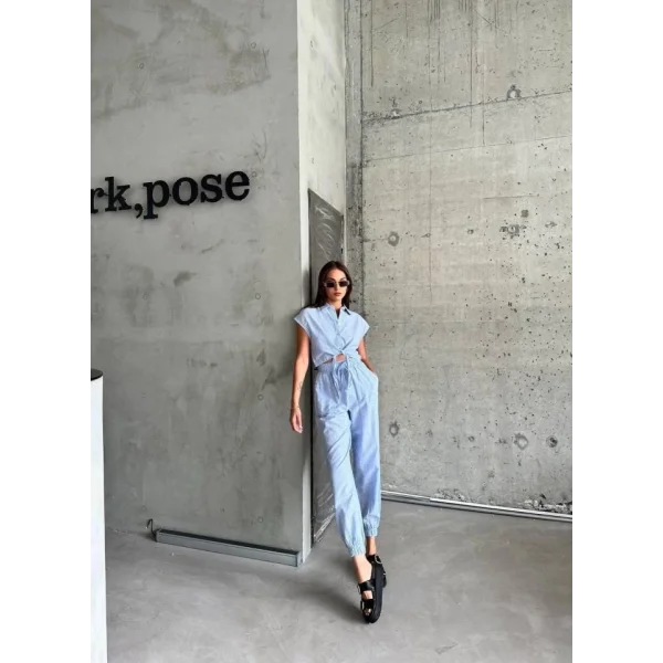 ÇİZGİİ KETEN KOUZ CROP PANTOON TAKI  avi