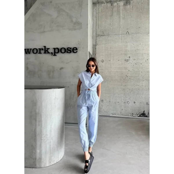 ÇİZGİİ KETEN KOUZ CROP PANTOON TAKI  avi