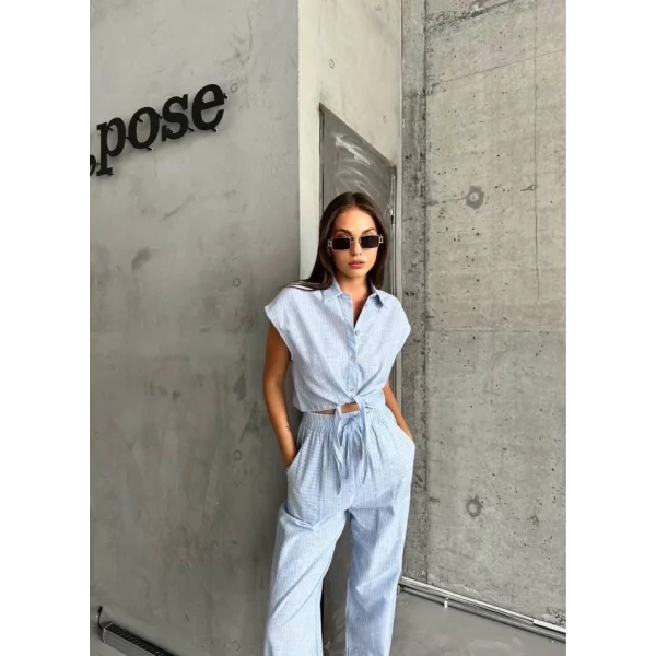 ÇİZGİİ KETEN KOUZ CROP PANTOON TAKI  avi