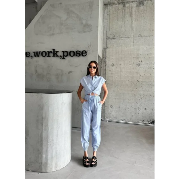 ÇİZGİİ KETEN KOUZ CROP PANTOON TAKI  avi