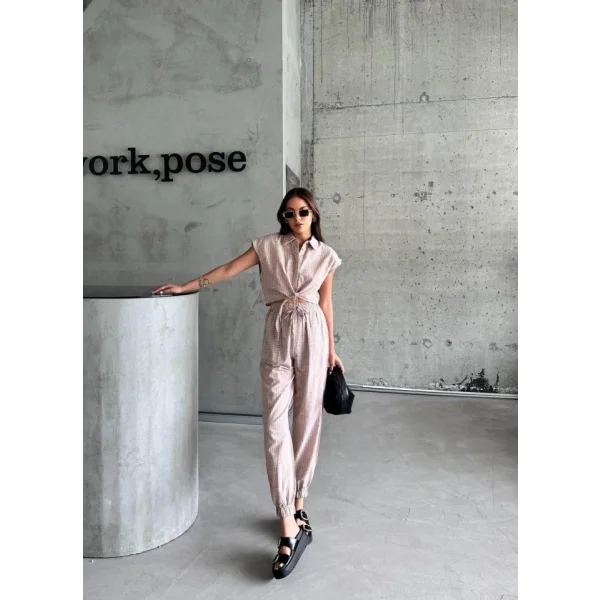 ÇİZGİİ KETEN KOUZ CROP PANTOON TAKI  Kahverengi