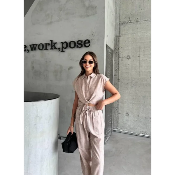 ÇİZGİİ KETEN KOUZ CROP PANTOON TAKI  Kahverengi