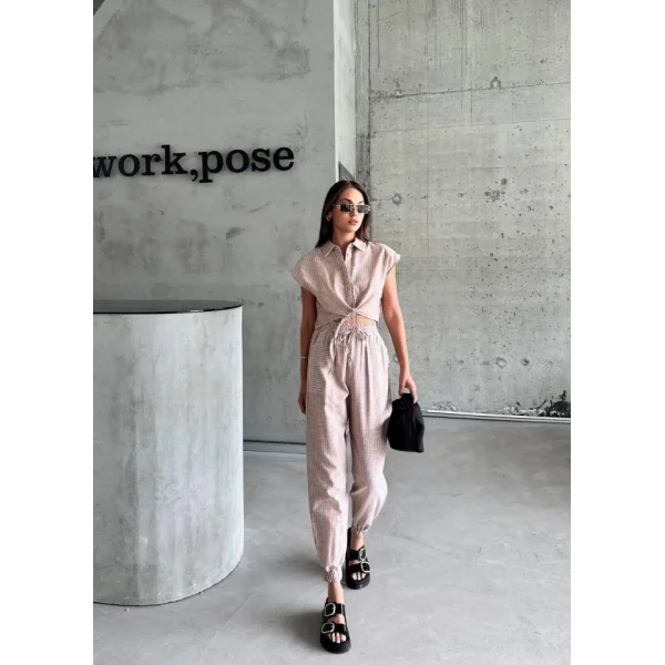 ÇİZGİİ KETEN KOUZ CROP PANTOON TAKI  Kahverengi