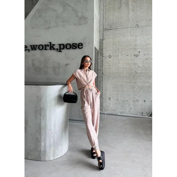 ÇİZGİİ KETEN KOUZ CROP PANTOON TAKI  Kahverengi