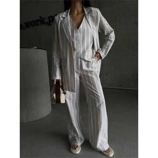 ÇİZGİİ KETEN YEEKPANTOON TAKI  Bej