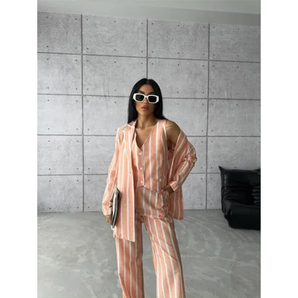 ÇİZGİİ KETEN YEEKPANTOON TAKI  Orange