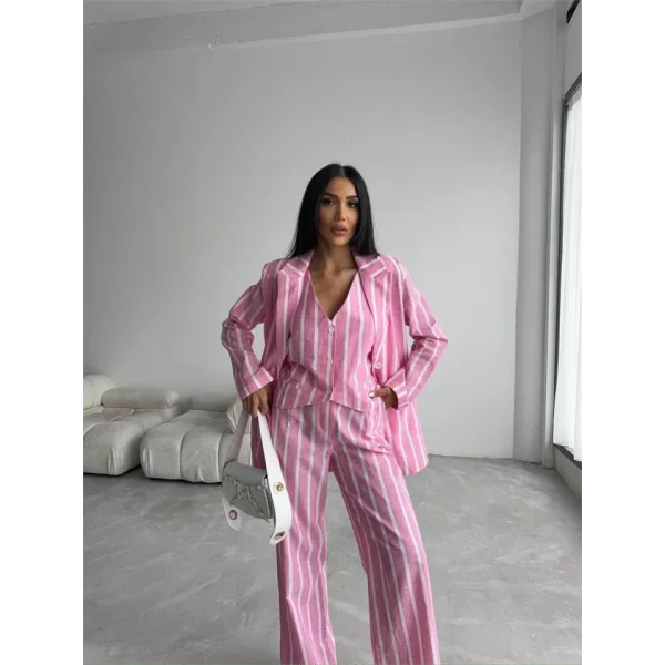 ÇİZGİİ KETEN YEEKPANTOON TAKI  Pembe