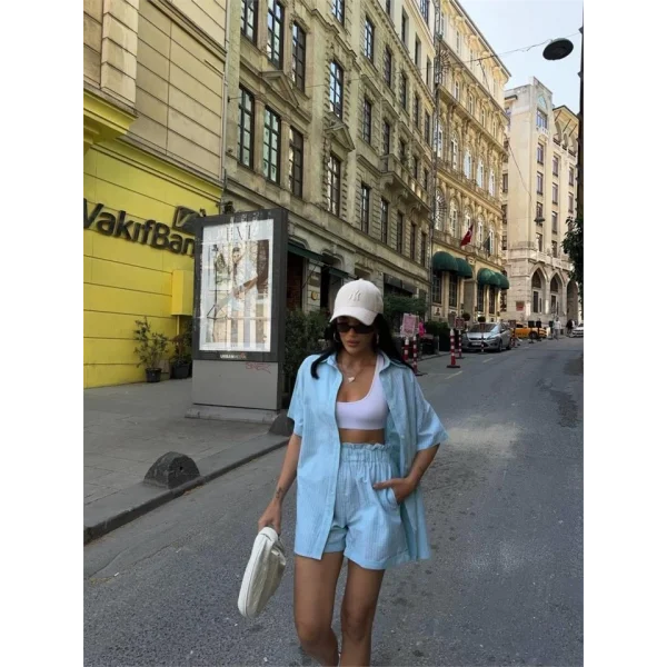 ÇİZGİİ PARÇAI KETEN GÖEKŞORT TAKI  Yeşil