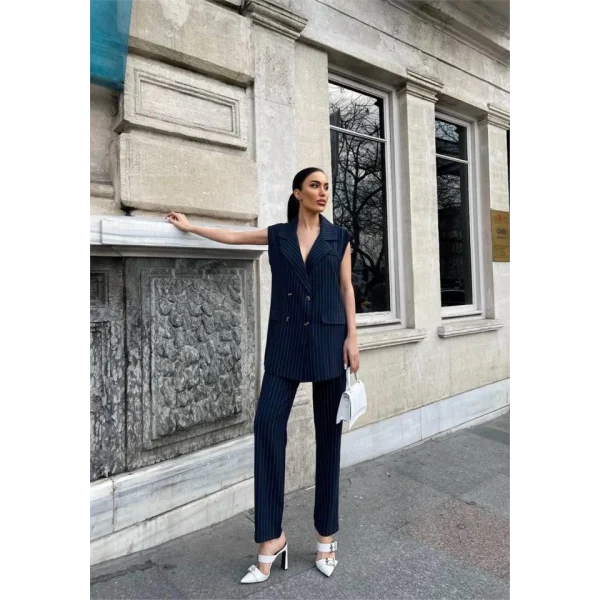 ÇİZGİİ UZUN YEEK  PANTOON TAKI POVİCON  acivert