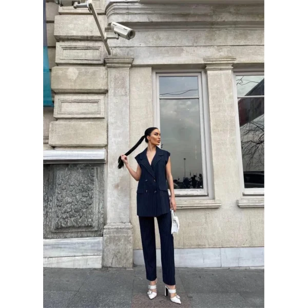 ÇİZGİİ UZUN YEEK  PANTOON TAKI POVİCON  acivert