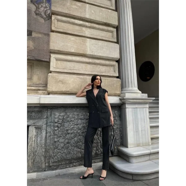 ÇİZGİİ UZUN YEEK  PANTOON TAKI POVİCON  Antrasit