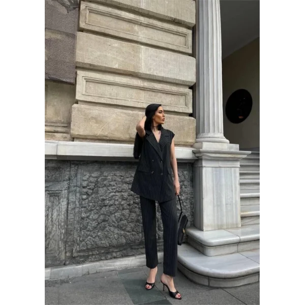 ÇİZGİİ UZUN YEEK  PANTOON TAKI POVİCON  Antrasit