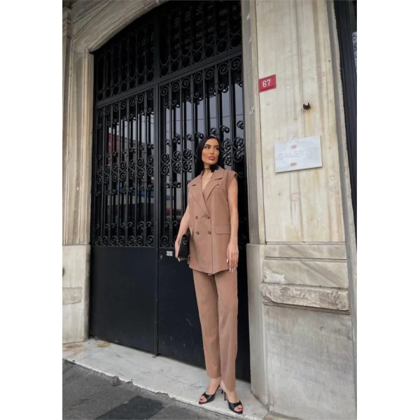 ÇİZGİİ UZUN YEEK  PANTOON TAKI POVİCON  Kahverengi