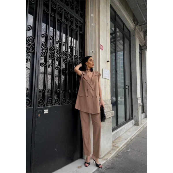 ÇİZGİİ UZUN YEEK  PANTOON TAKI POVİCON  Kahverengi