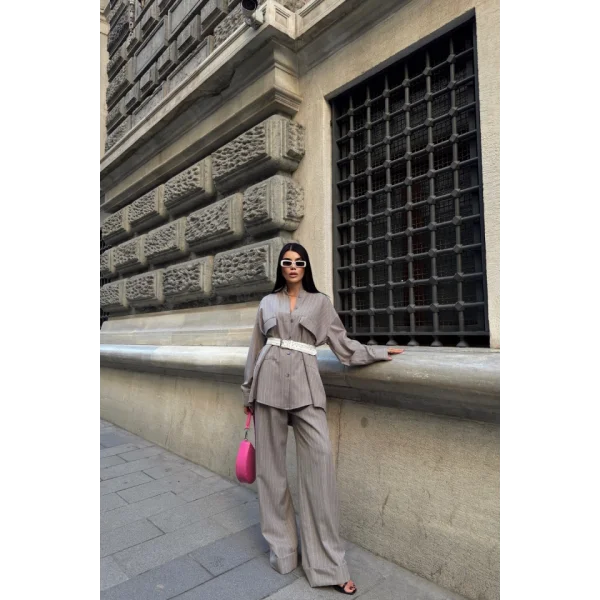 ÇİZGİLİ ARKA TASARIM  DETAYLI  GÖMLEK-PANTOLON TK - Gri