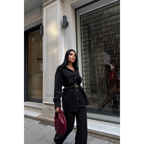 ÇİZGİLİ ARKA TASARIM  DETAYLI  GÖMLEK-PANTOLON TK - Siyah