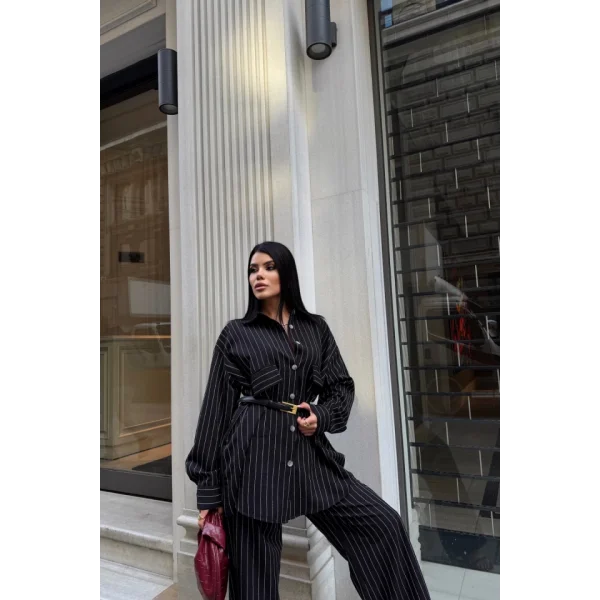 ÇİZGİLİ ARKA TASARIM  DETAYLI  GÖMLEK-PANTOLON TK - Siyah