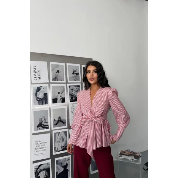 ÇİZGİLİ BAĞLAMA DETAYLI KRUVAZE POPLİN GÖMLEK - Bordo
