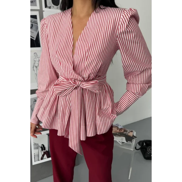 ÇİZGİLİ BAĞLAMA DETAYLI KRUVAZE POPLİN GÖMLEK - Bordo