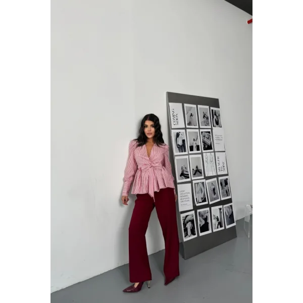 ÇİZGİLİ BAĞLAMA DETAYLI KRUVAZE POPLİN GÖMLEK - Bordo