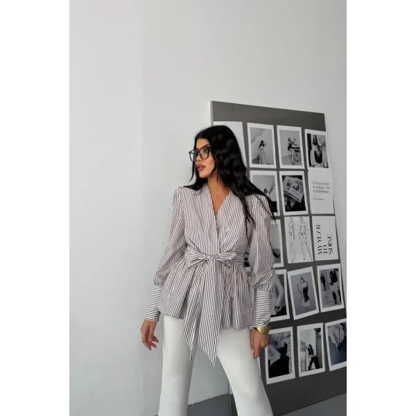 ÇİZGİLİ BAĞLAMA DETAYLI KRUVAZE POPLİN GÖMLEK - Kahverengi