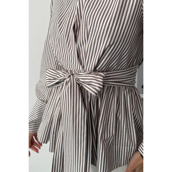 ÇİZGİLİ BAĞLAMA DETAYLI KRUVAZE POPLİN GÖMLEK - Kahverengi