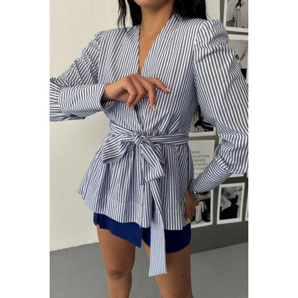 ÇİZGİLİ BAĞLAMA DETAYLI KRUVAZE POPLİN GÖMLEK - Mavi