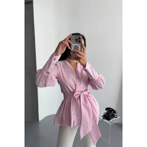 ÇİZGİLİ BAĞLAMA DETAYLI KRUVAZE POPLİN GÖMLEK - Pembe