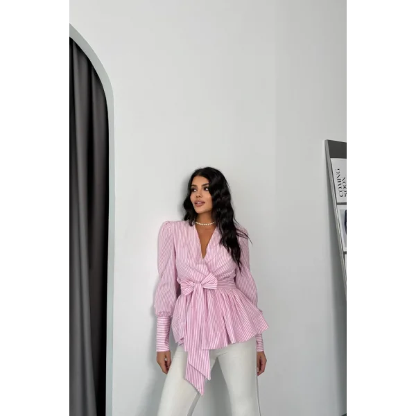 ÇİZGİLİ BAĞLAMA DETAYLI KRUVAZE POPLİN GÖMLEK - Pembe