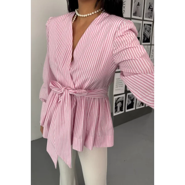 ÇİZGİLİ BAĞLAMA DETAYLI KRUVAZE POPLİN GÖMLEK - Pembe