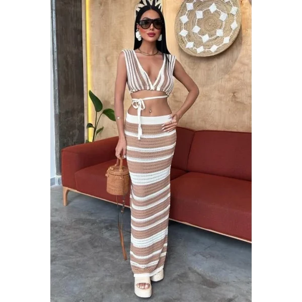 Çizgili Bikini Üst Ve Etek Triko Takım 10110