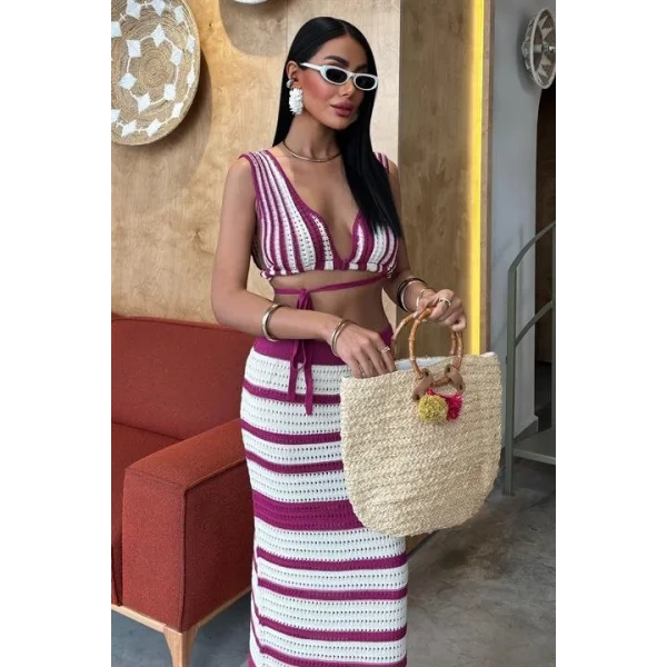 Çizgili Bikini Üst Ve Etek Triko Takım 10110