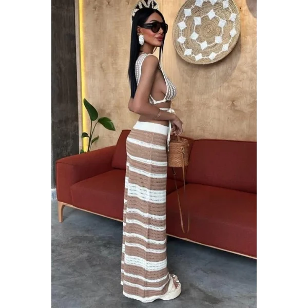 Çizgili Bikini Üst Ve Etek Triko Takım 10110