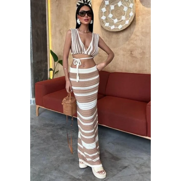Çizgili Bikini Üst Ve Etek Triko Takım 10110