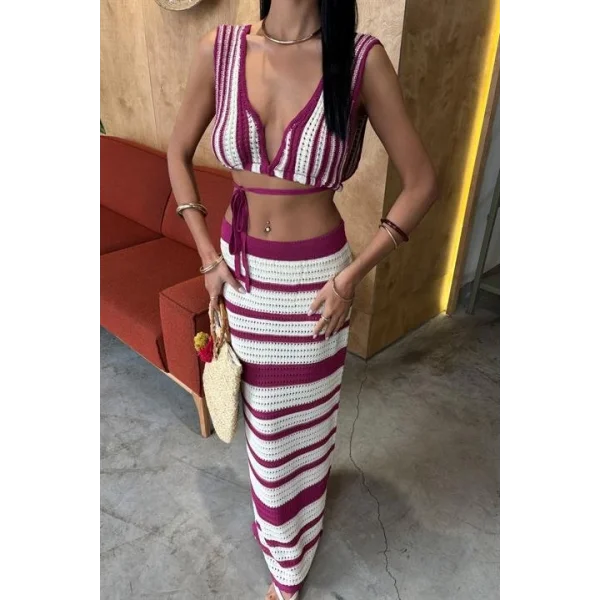 Çizgili Bikini Üst Ve Etek Triko Takım 10110