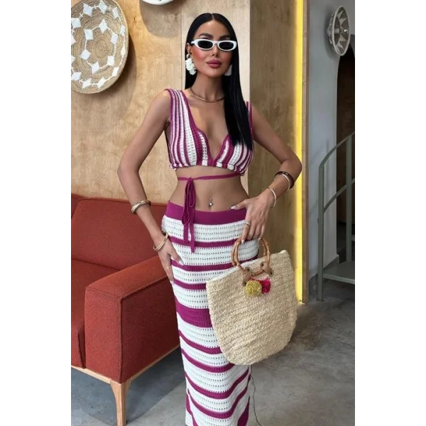 Çizgili Bikini Üst Ve Etek Triko Takım 10110