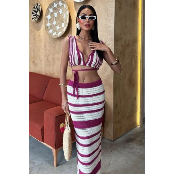 Çizgili Bikini Üst Ve Etek Triko Takım 10110