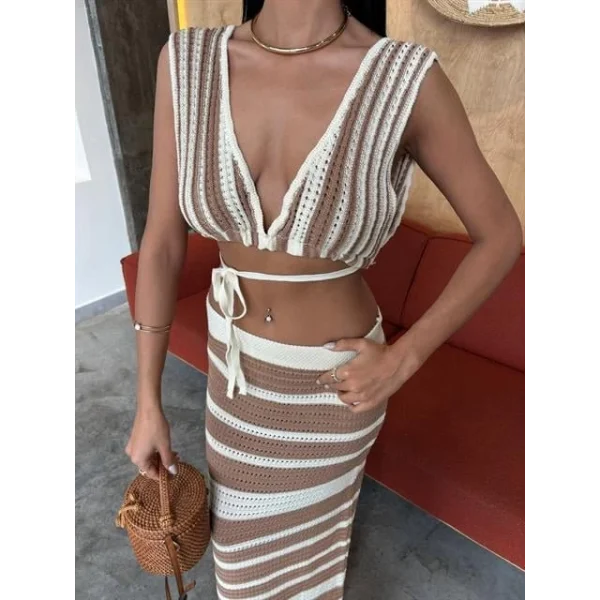 Çizgili Bikini Üst Ve Etek Triko Takım 10110