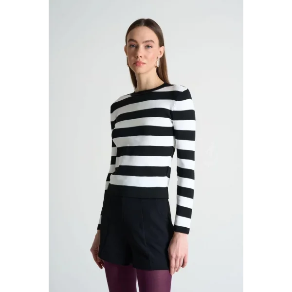 Çizgili Bisiklet Yaka Kazak  SiyahBeyaz