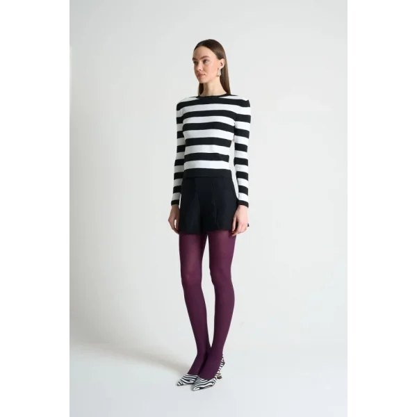 Çizgili Bisiklet Yaka Kazak  SiyahBeyaz