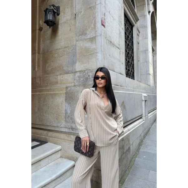 ÇİZGİLİ BLUZ  - PANTOLON TAKIM - Bej