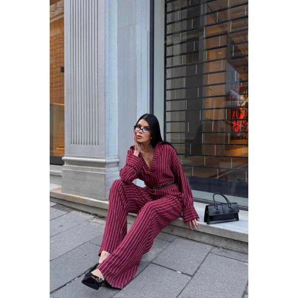 ÇİZGİLİ BLUZ  - PANTOLON TAKIM - Bordo