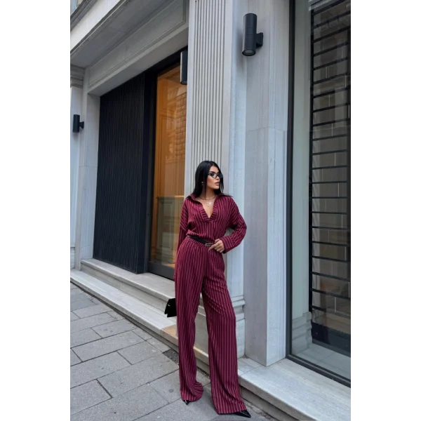 ÇİZGİLİ BLUZ  - PANTOLON TAKIM - Bordo