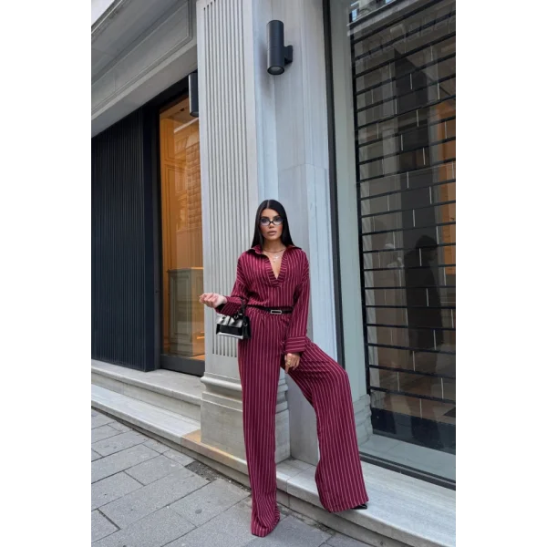 ÇİZGİLİ BLUZ  - PANTOLON TAKIM - Bordo