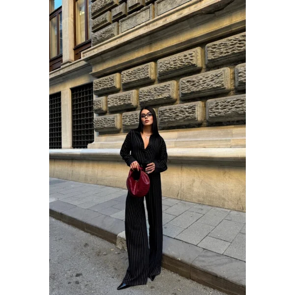 ÇİZGİLİ BLUZ  - PANTOLON TAKIM - Siyah