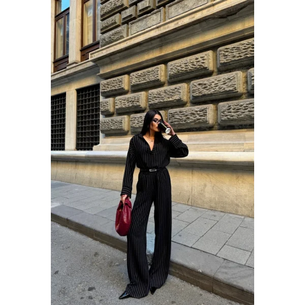 ÇİZGİLİ BLUZ  - PANTOLON TAKIM - Siyah